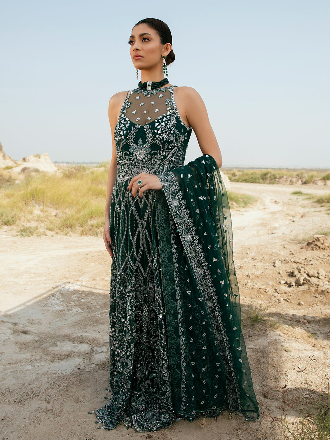 Deep Emerald Embroidered Net Formal Gown (2-Piece) - Image 2
