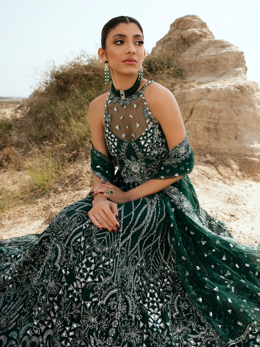 Deep Emerald Embroidered Net Formal Gown (2-Piece) - Image 4