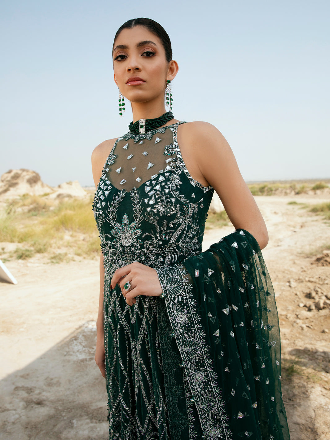 Deep Emerald Embroidered Net Formal Gown (2-Piece) - Image 5