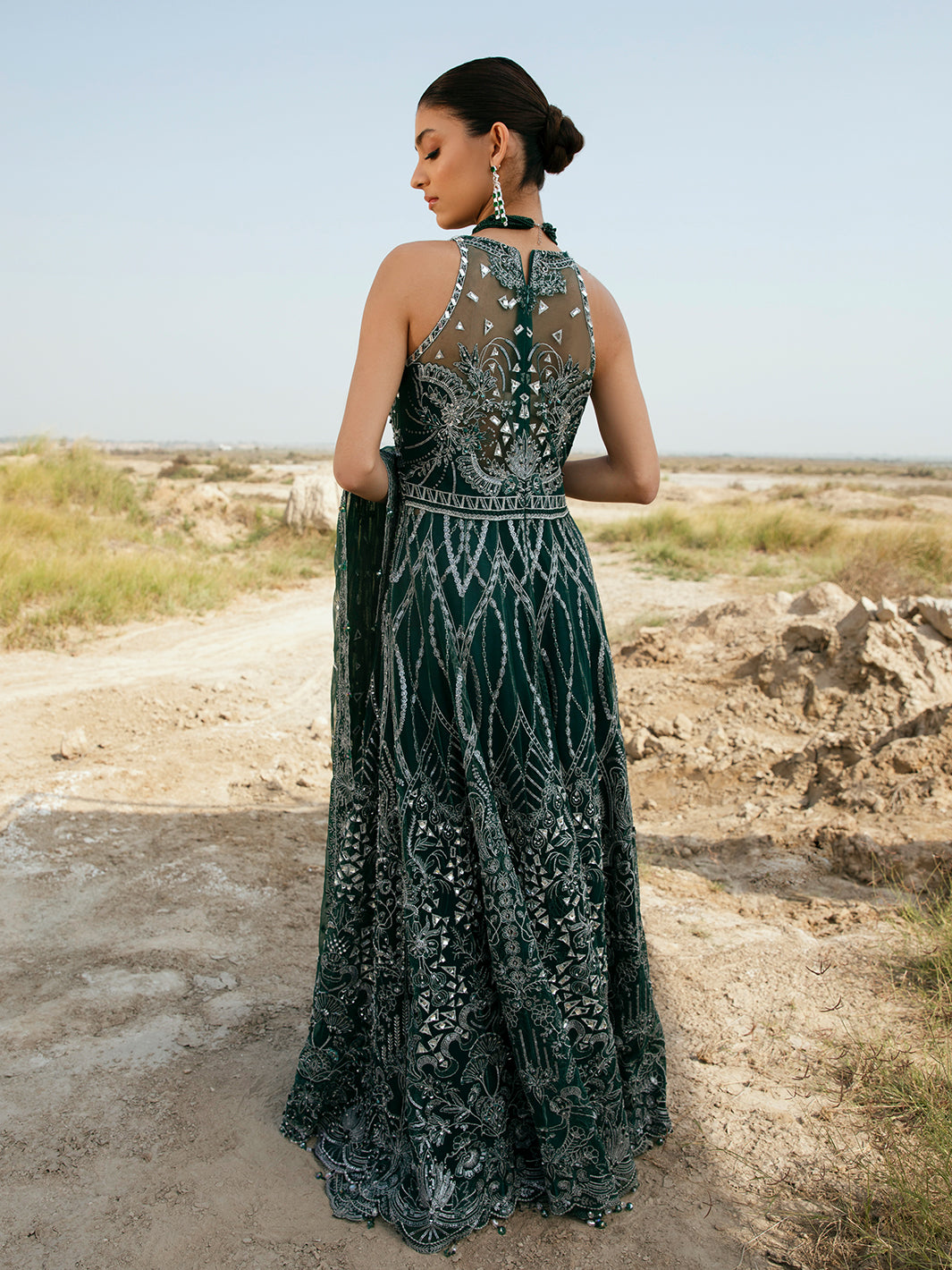 Deep Emerald Embroidered Net Formal Gown (2-Piece) - Image 6