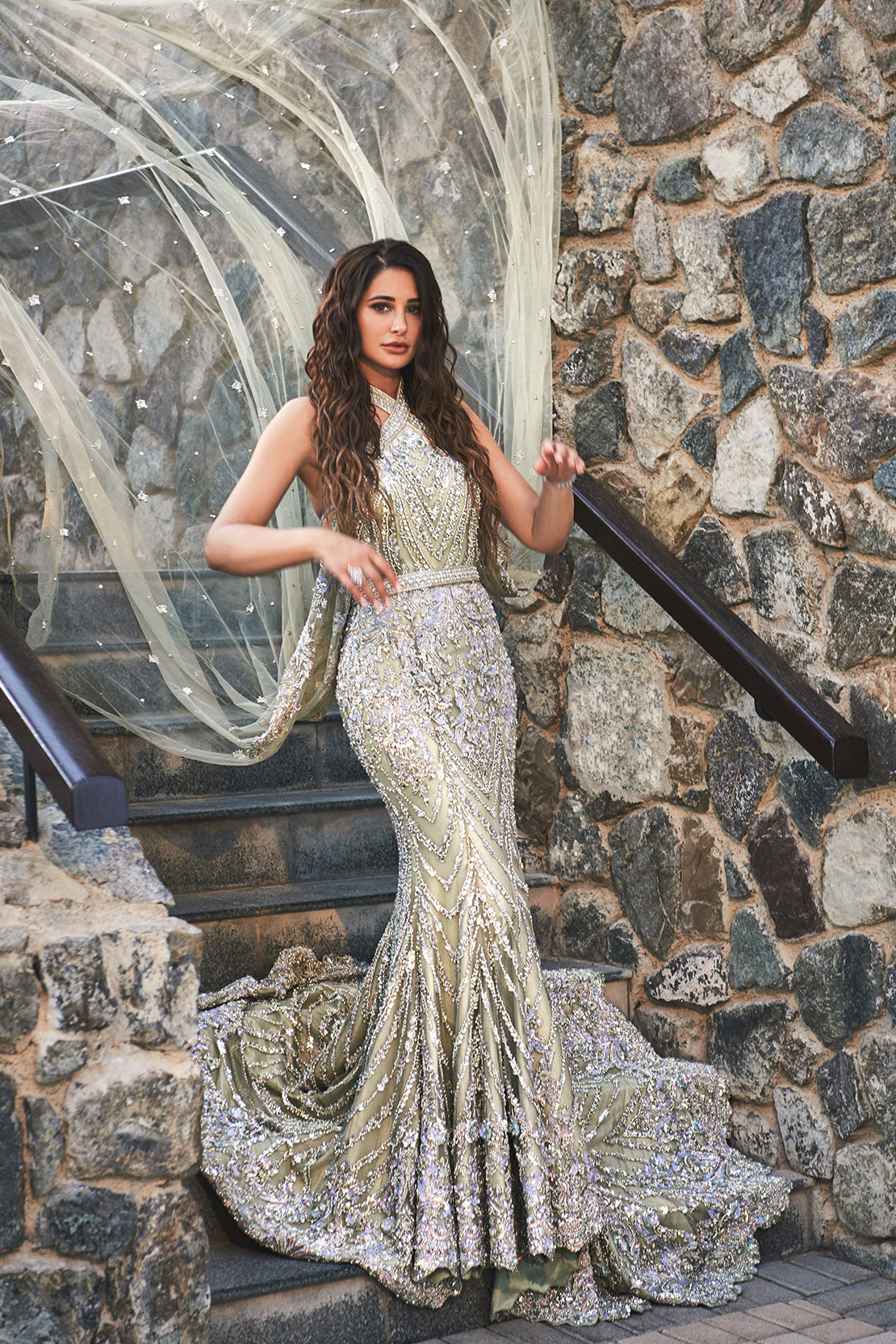 Iridescent Sage Embellished Net Mermaid Bridal Gown (2-Piece) - Image 1