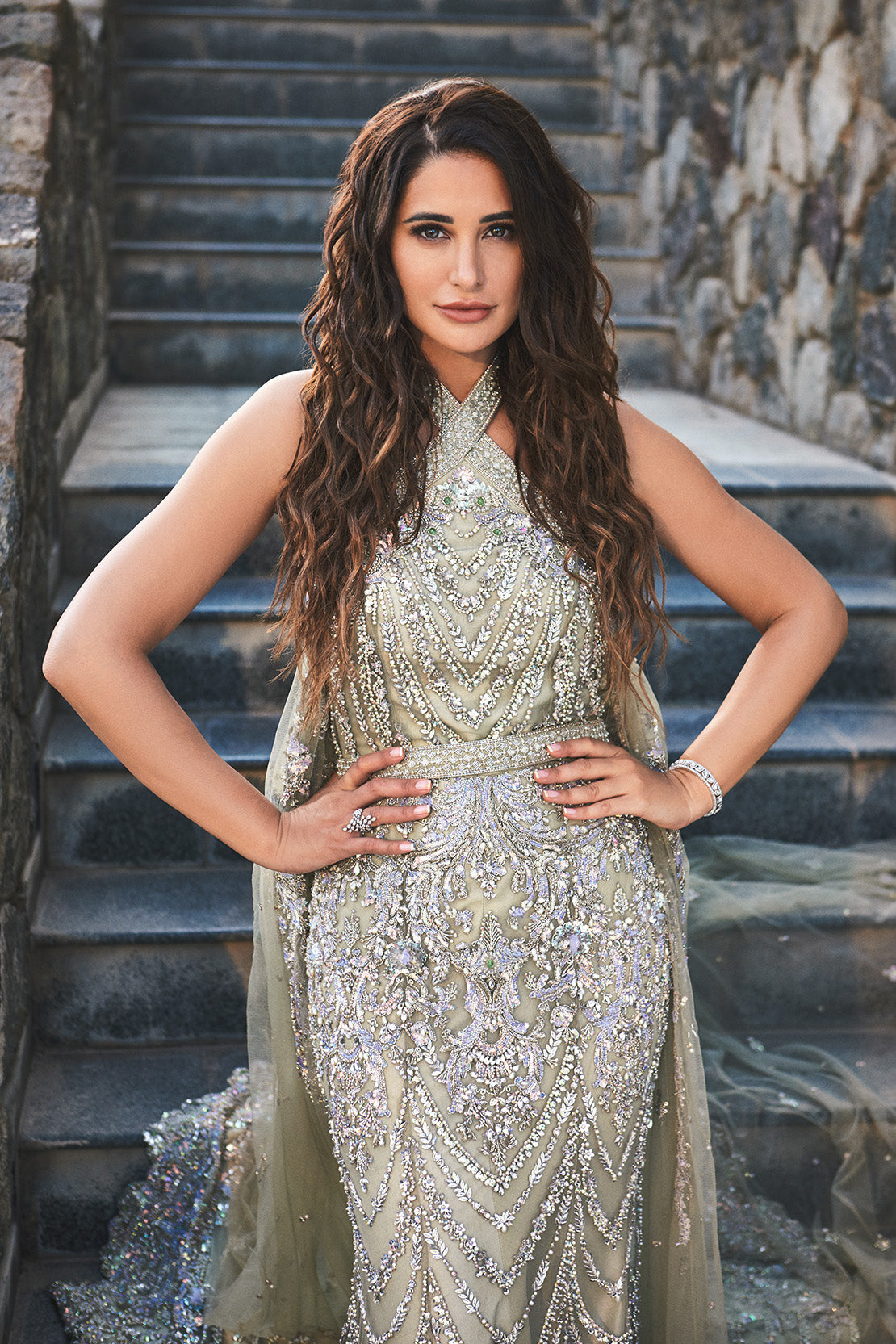 Indian Iridescent Sage Embellished Net Mermaid Bridal Gown (2-Piece) - Image 4