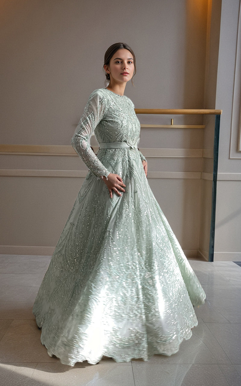 Mint Embellished Net Gown (1-Pc) - Image 1