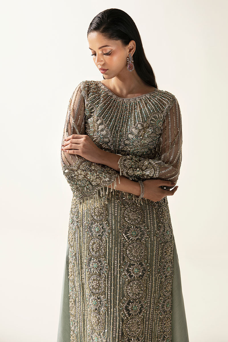 Pakistani Mint Green Embellished Net Gown (2-Piece) - Image 3