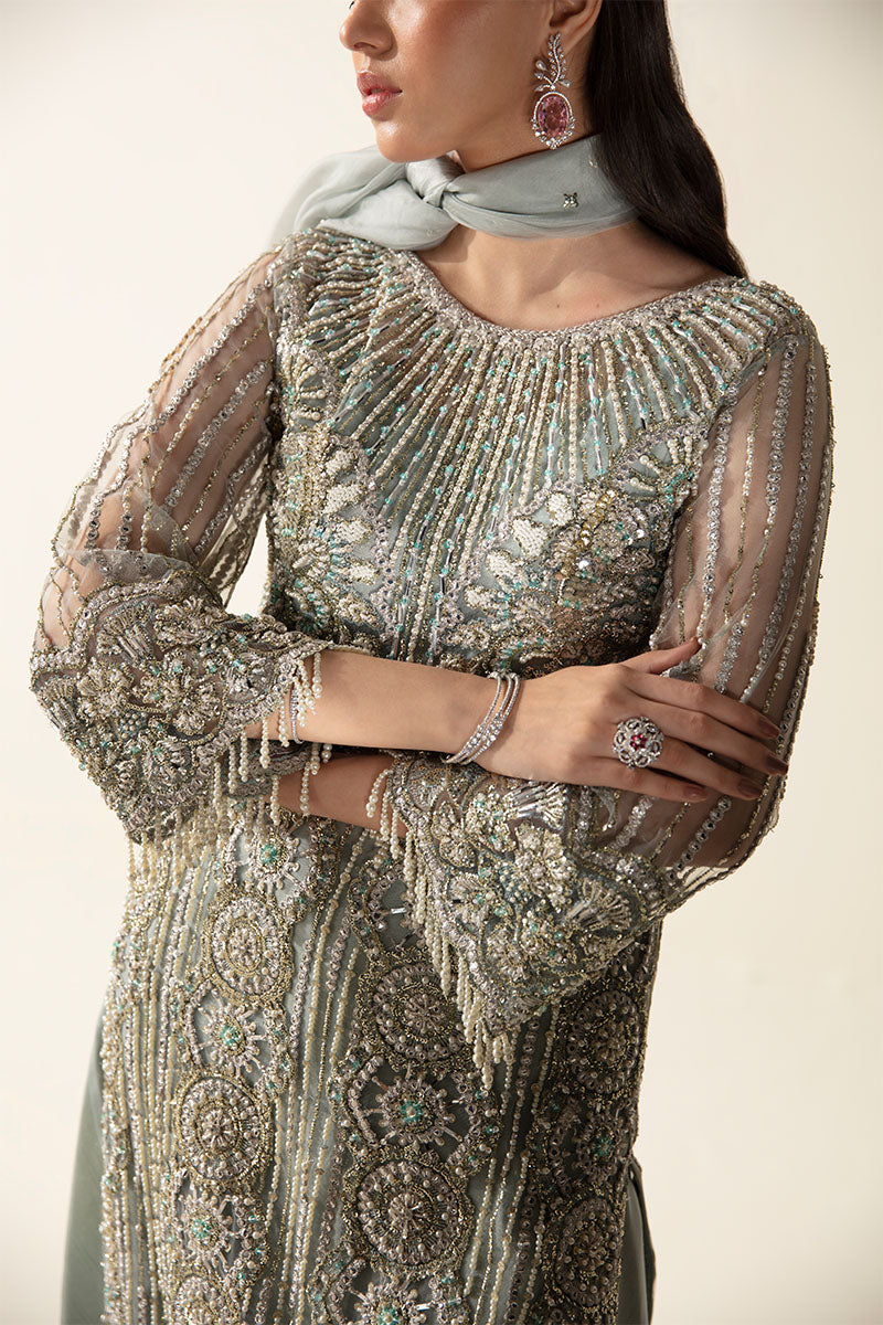 Pakistani Mint Green Embellished Net Gown (2-Piece) - Image 4