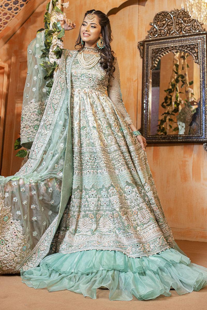 Pakistani Mint Embroidered Net Bridal Gown (2-Piece) - Image 3