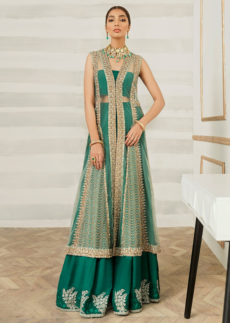 Pakistani Jade Green Embellished Net and Raw Silk Gown (2-Piece) - Image 1