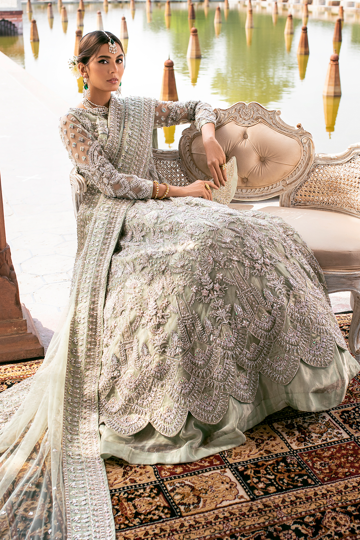 Mint Green Embroidered Net Gown (3-Piece) - Image 7