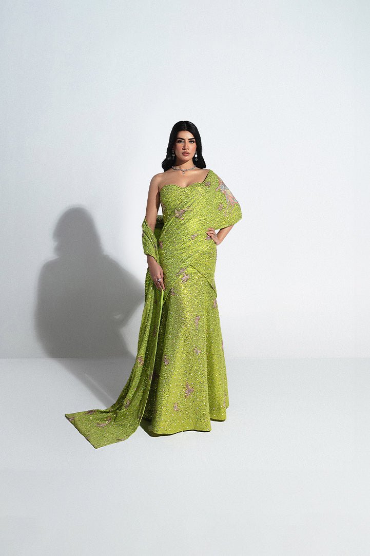 Pakistani Lime Green Sequinned Net Corset Gown (1-Pc) - Image 1