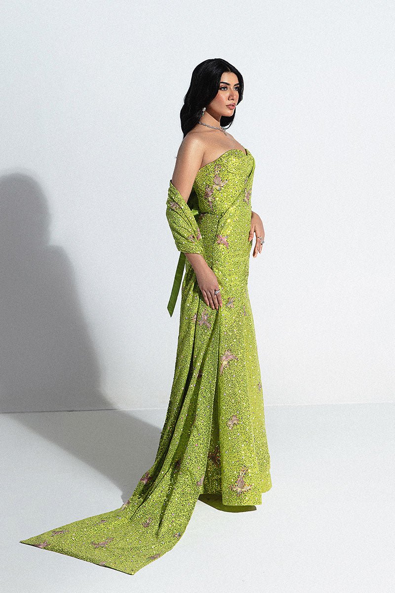 Pakistani Lime Green Sequinned Net Corset Gown (1-Pc) - Image 3