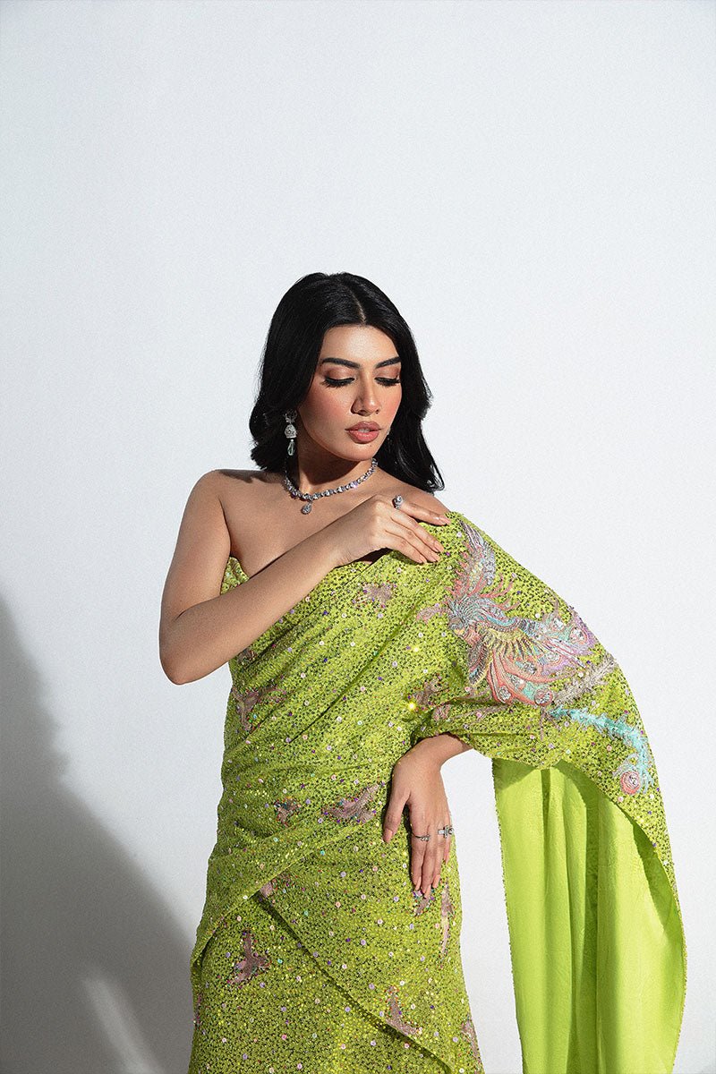 Pakistani Lime Green Sequinned Net Corset Gown (1-Pc) - Image 4