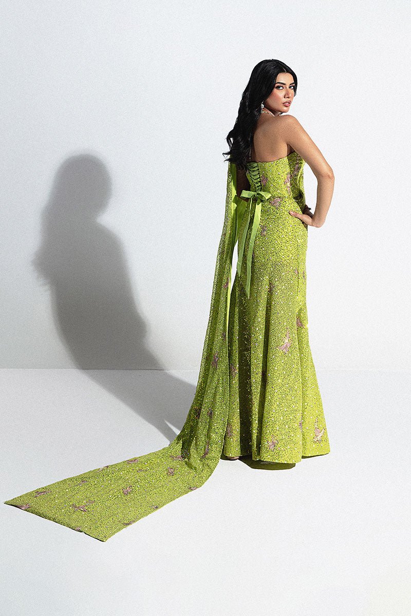 Pakistani Lime Green Sequinned Net Corset Gown (1-Pc) - Image 5