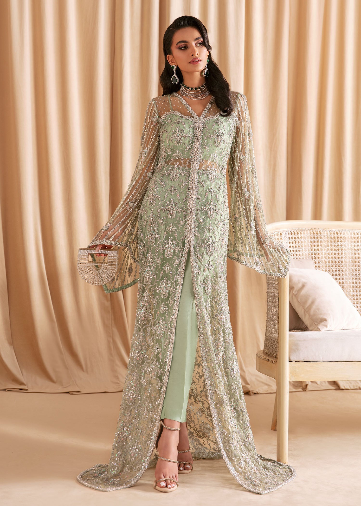 Pakistani Mint Green Embellished Net Gown (3-Piece) - Image 1