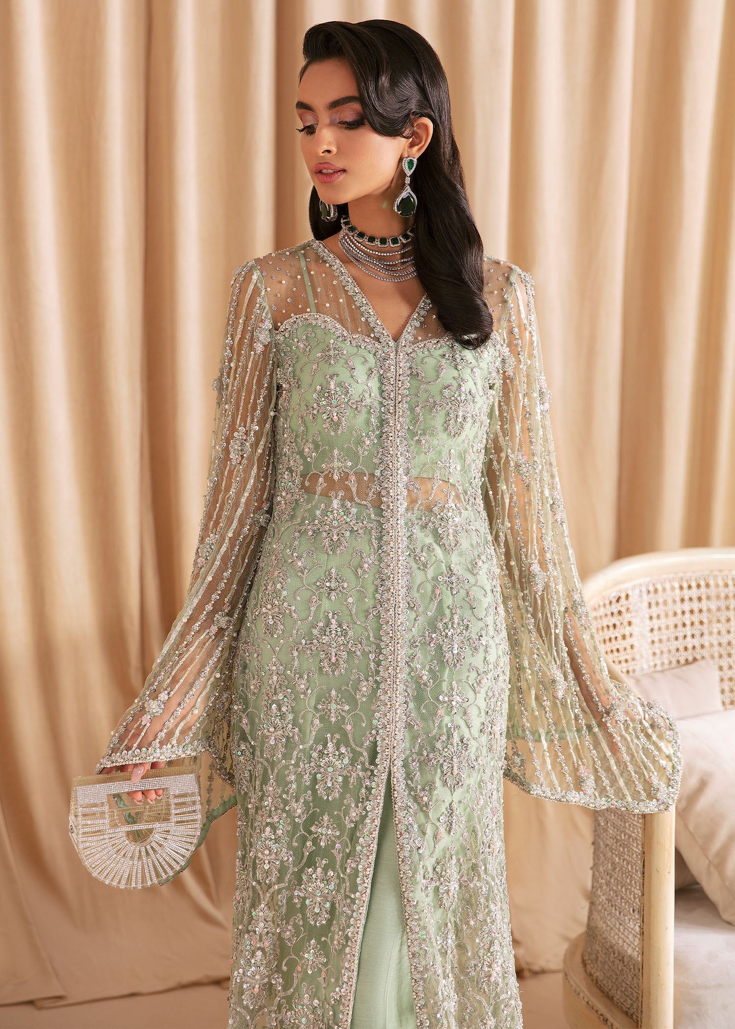 Pakistani Mint Green Embellished Net Gown (3-Piece) - Image 2