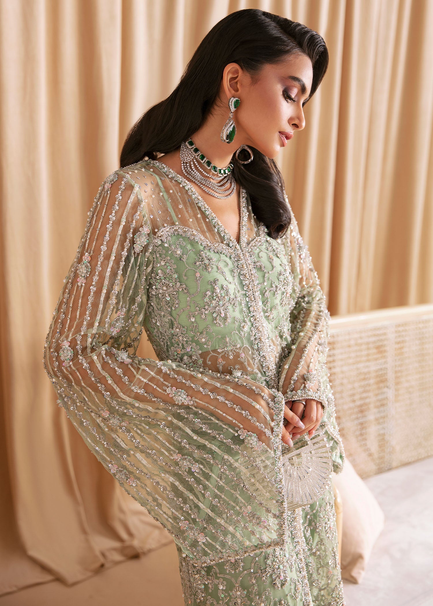 Pakistani Mint Green Embellished Net Gown (3-Piece) - Image 3