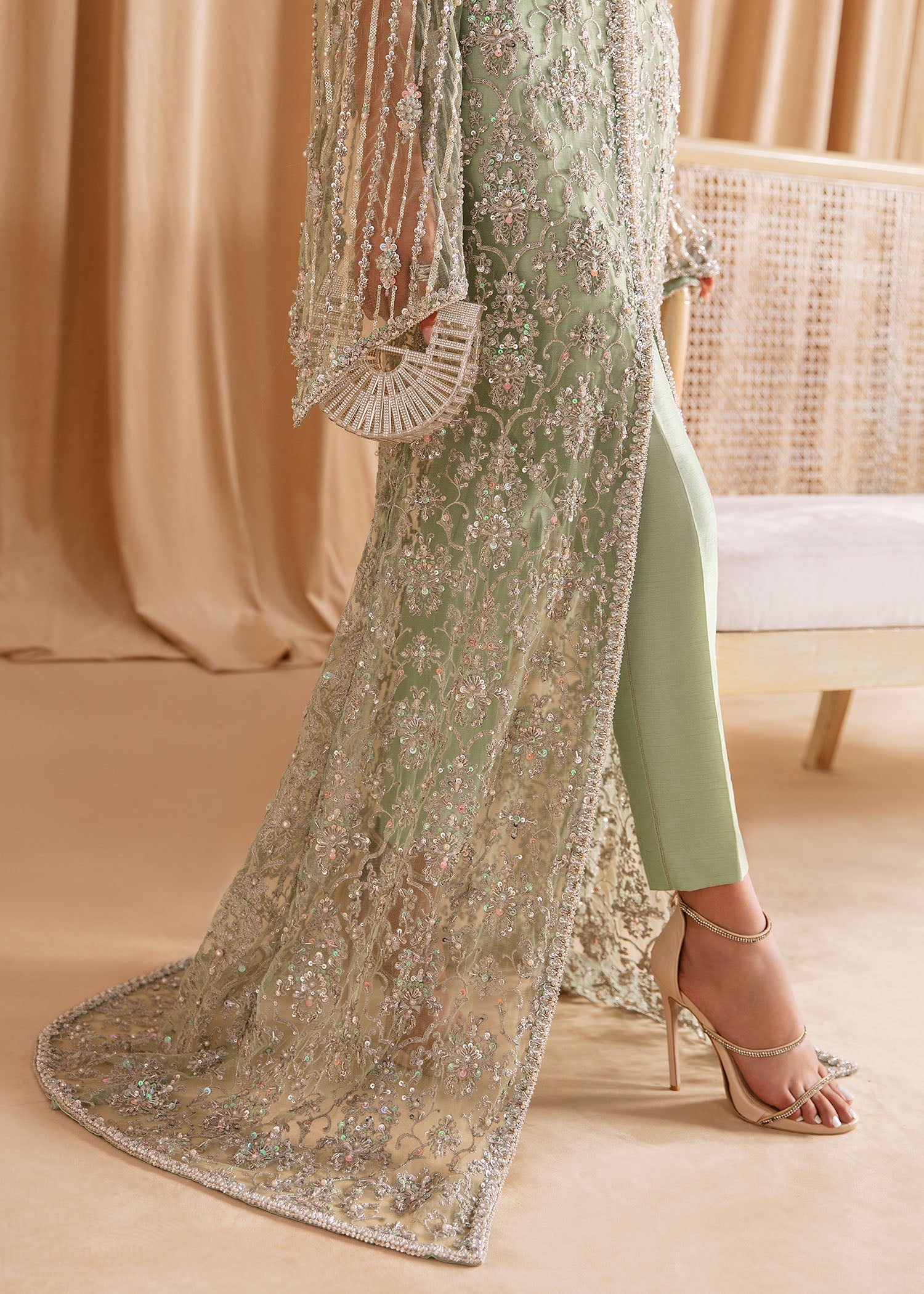 Pakistani Mint Green Embellished Net Gown (3-Piece) - Image 7