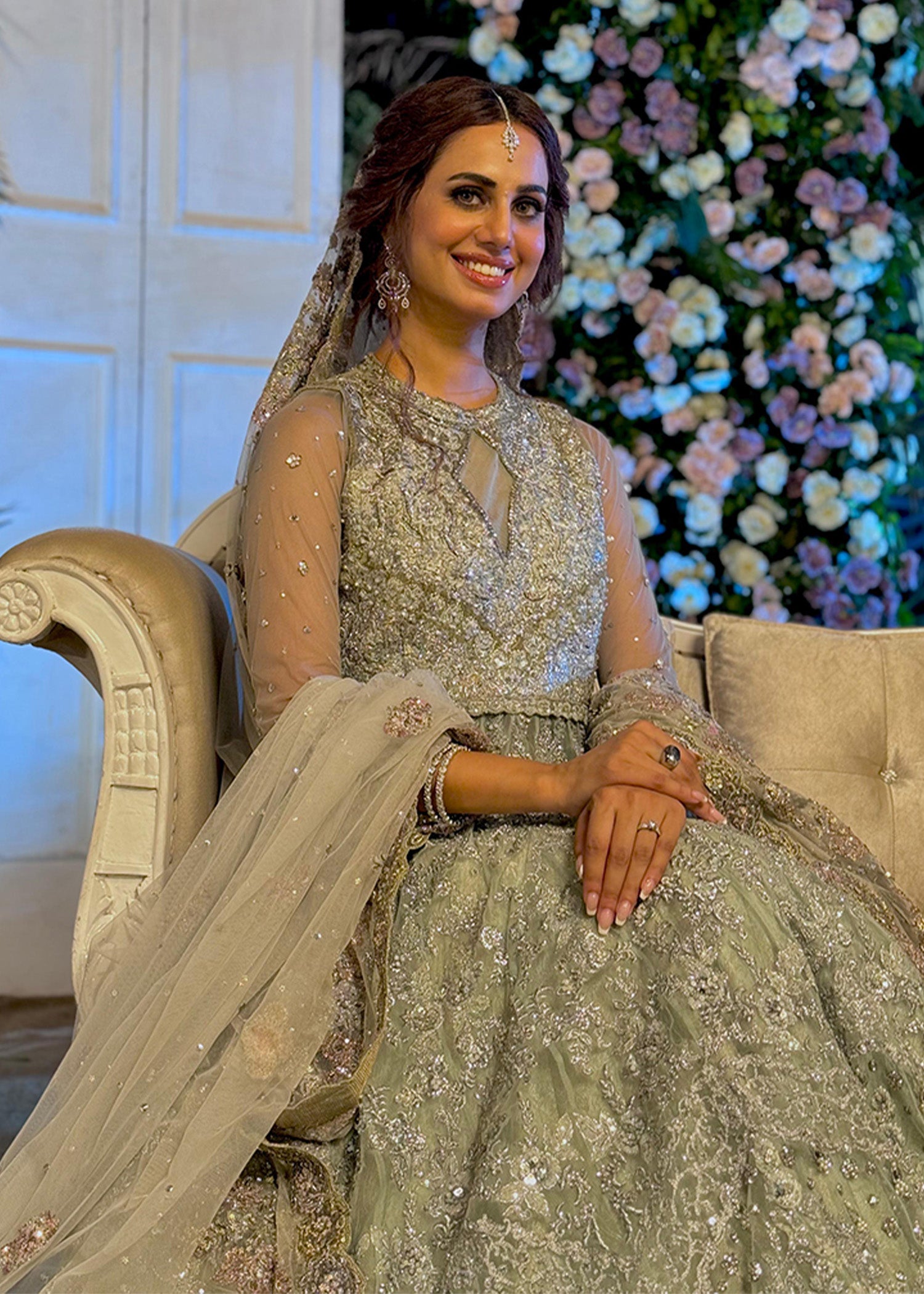 Sage Green Embellished Net Bridal Gown (2-Piece) - Image 1