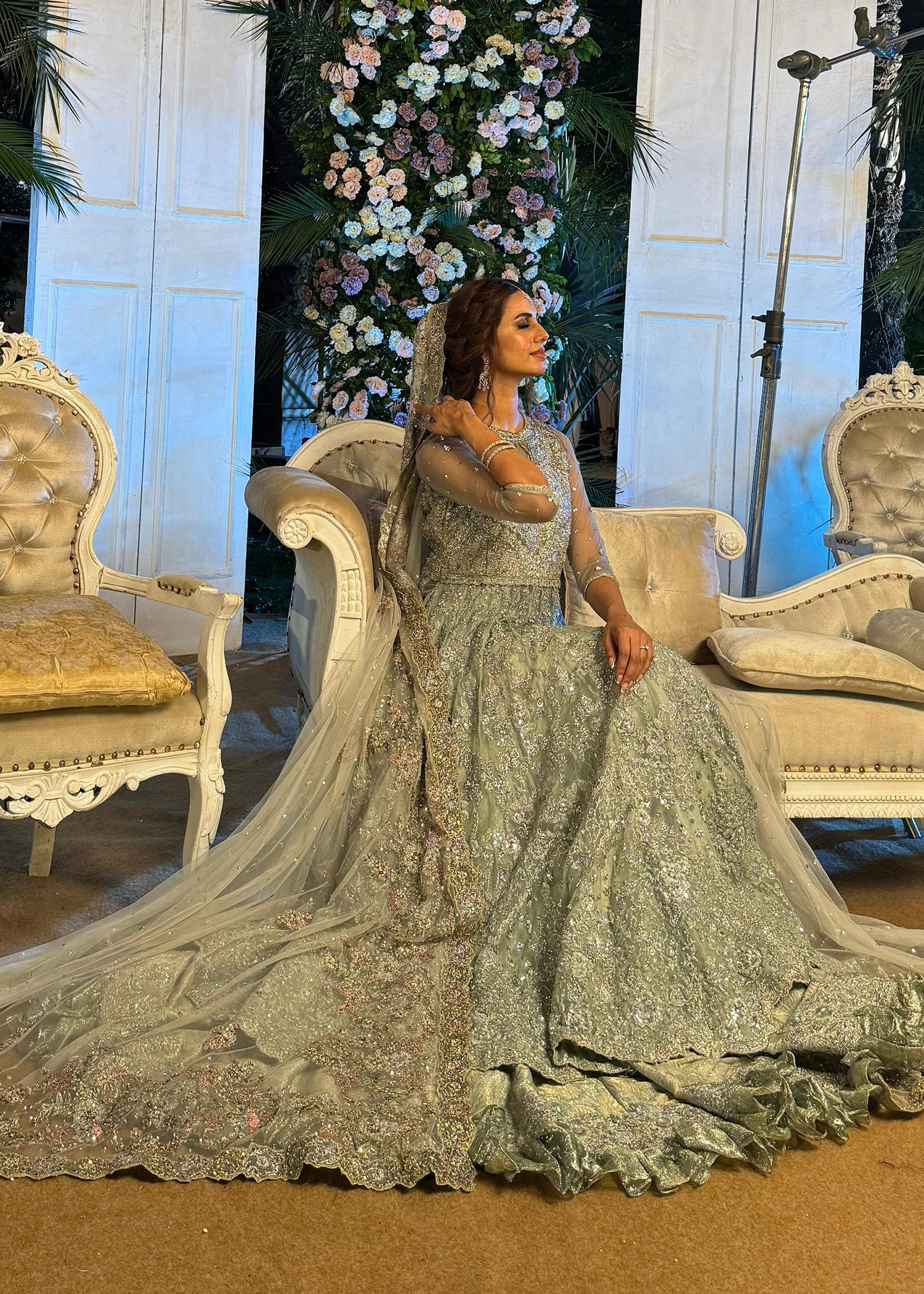 Sage Green Embellished Net Bridal Gown (2-Piece) - Image 2