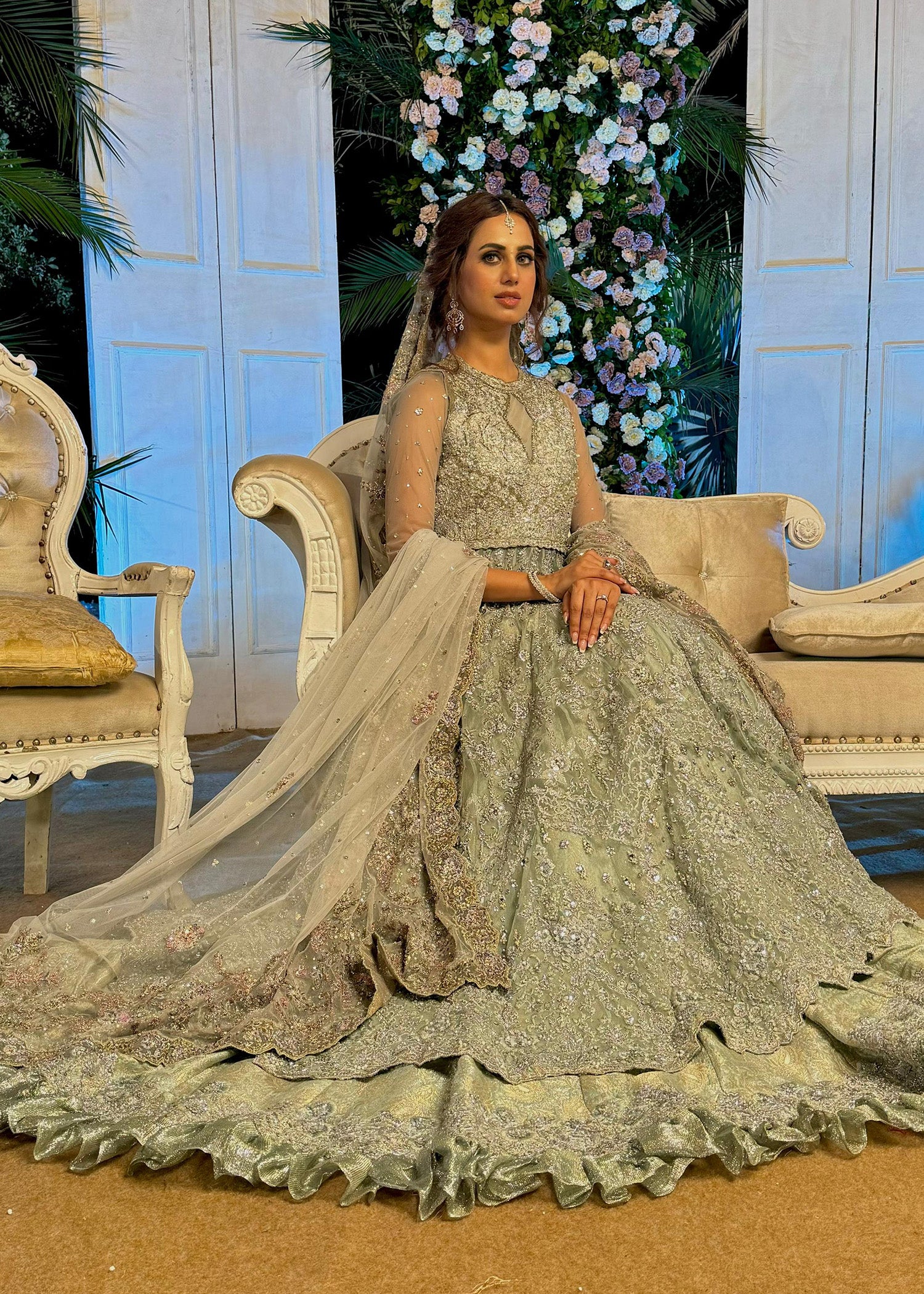 Sage Green Embellished Net Bridal Gown (2-Piece) - Image 3