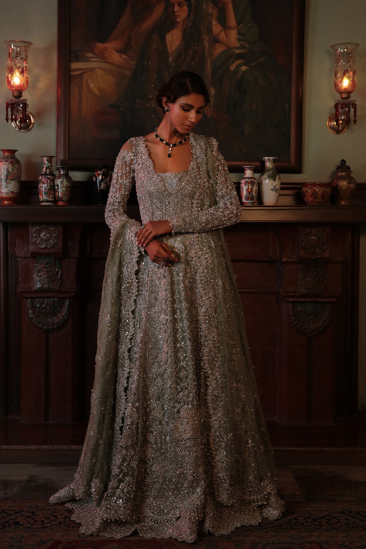 Pakistani Pistachio Green Embellished Net & Tissue Bridal Gown (2-Piece) - Image 1