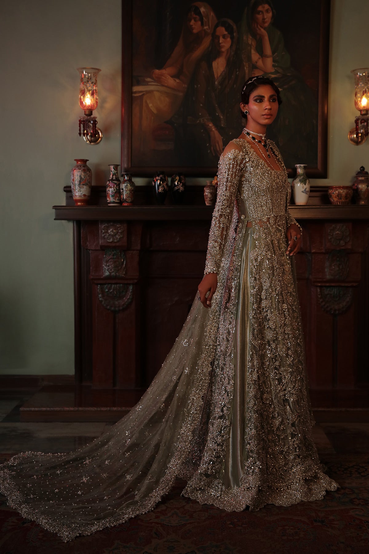 Pakistani Pistachio Green Embellished Net & Tissue Bridal Gown (2-Piece) - Image 2