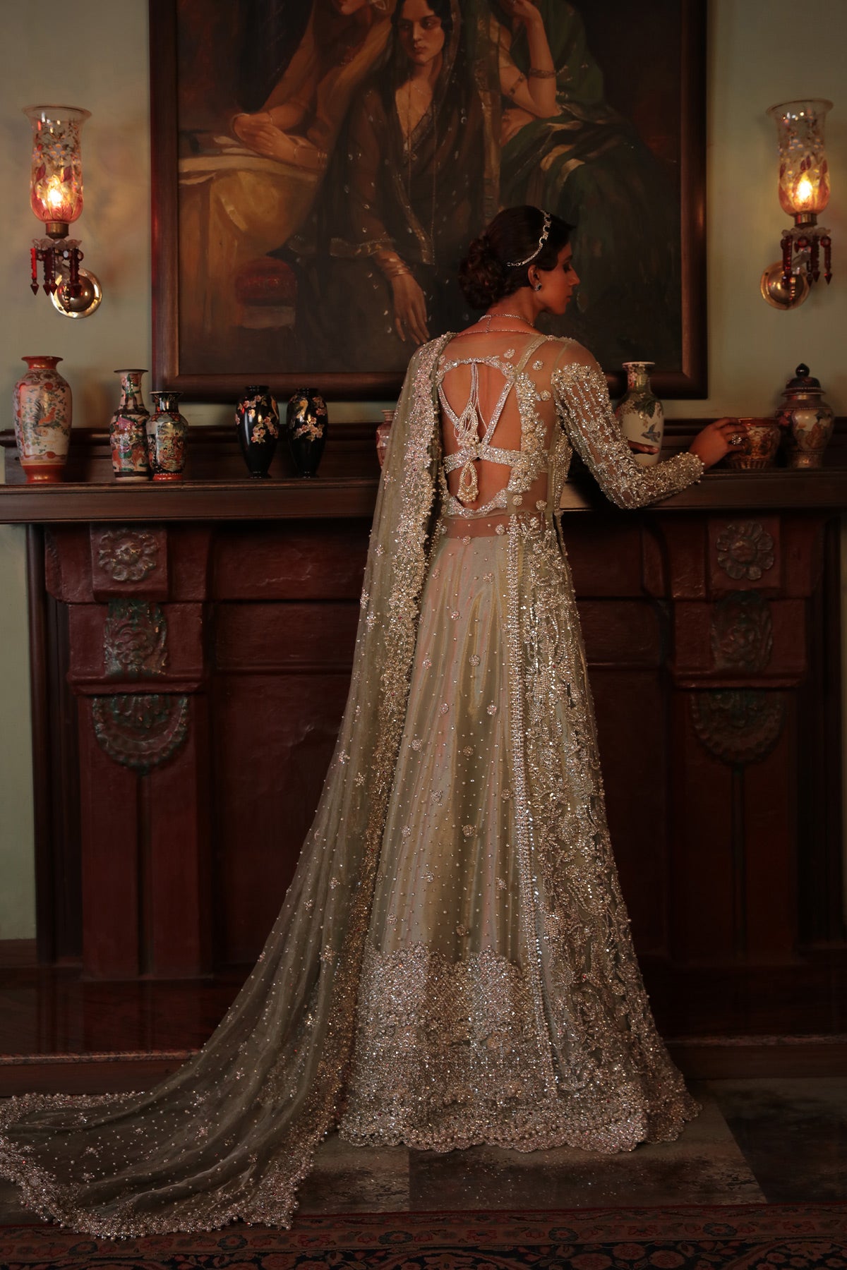 Pakistani Pistachio Green Embellished Net & Tissue Bridal Gown (2-Piece) - Image 3