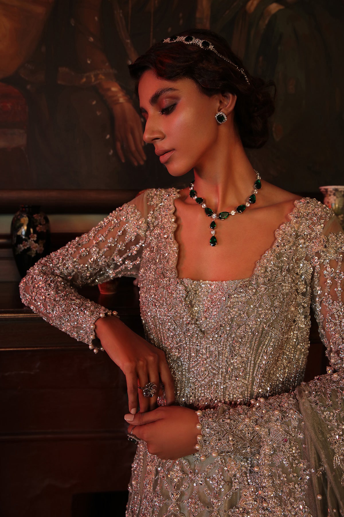 Pakistani Pistachio Green Embellished Net & Tissue Bridal Gown (2-Piece) - Image 4