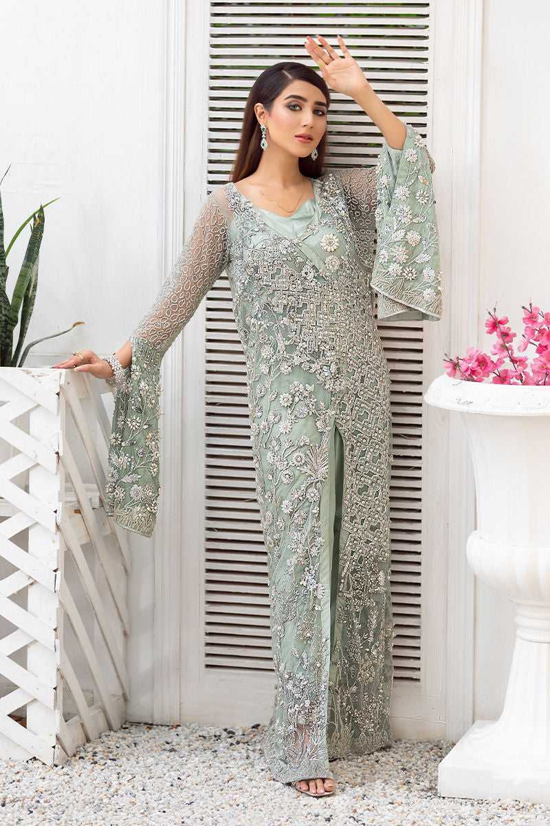 Sage Green Embellished Net Gown (1-Pc) - Image 1