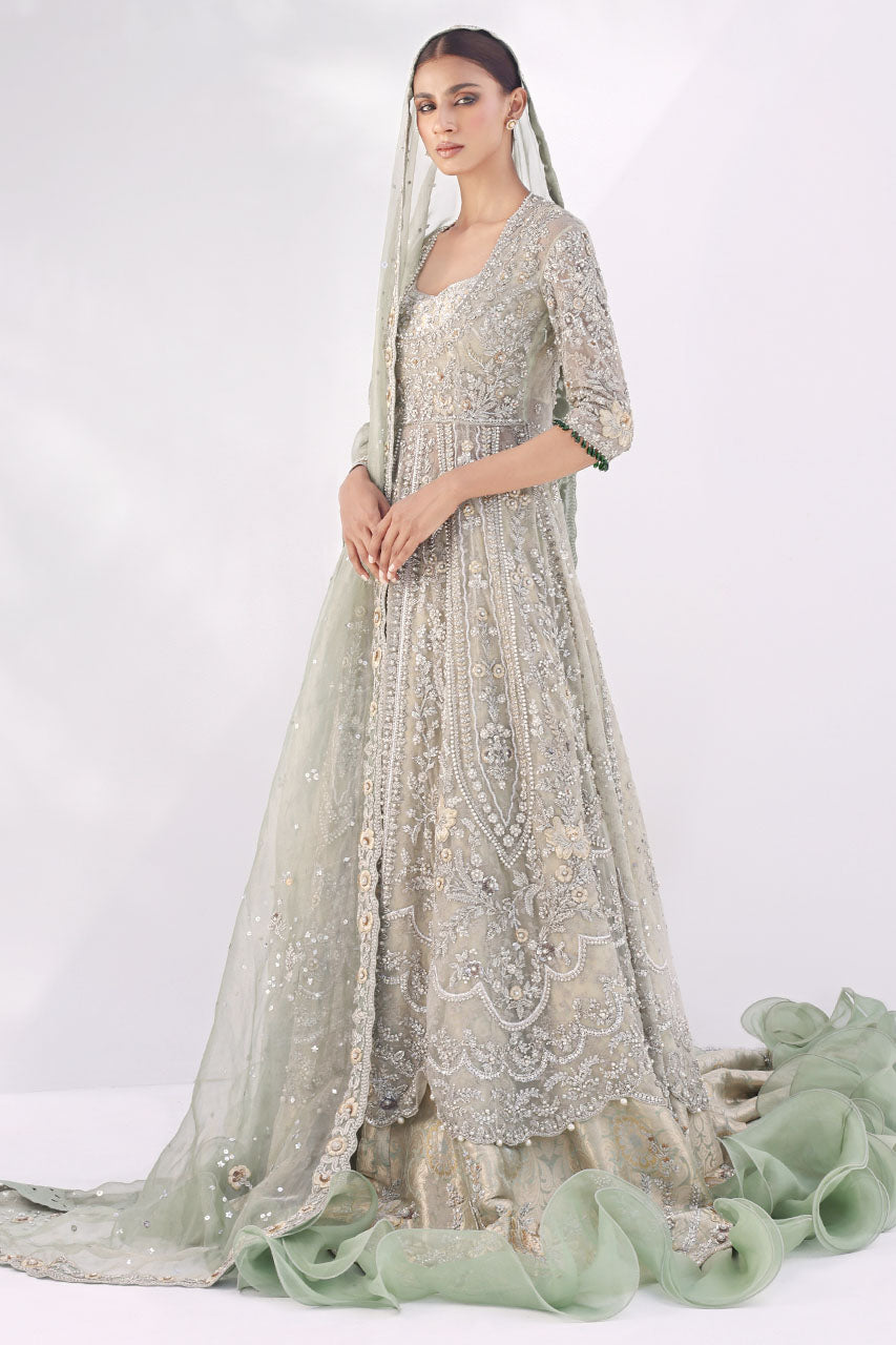 Mint Embroidered Net Bridal Gown (3-Piece) - Image 3