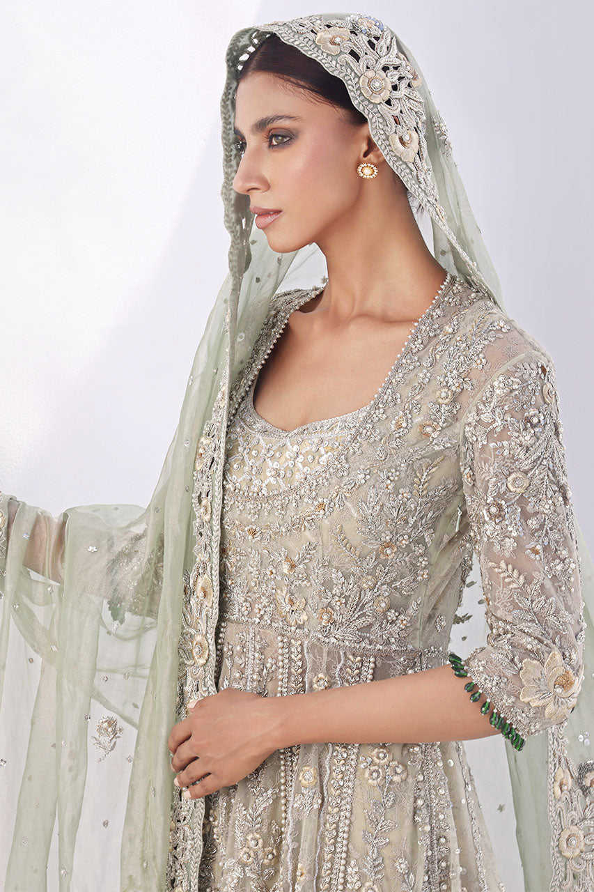 Mint Embroidered Net Bridal Gown (3-Piece) - Image 6