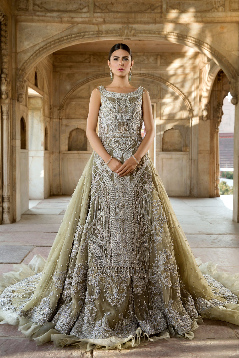 Olive Green Embellished Net Bridal Gown (1-Pc) - Image 2