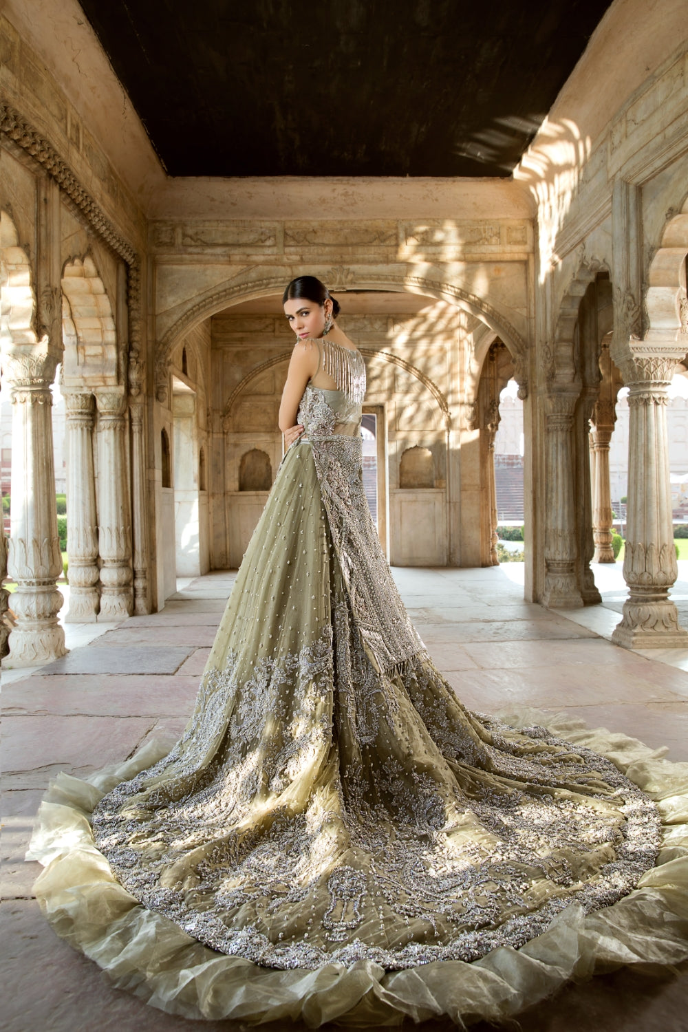 Olive Green Embellished Net Bridal Gown (1-Pc) - Image 3