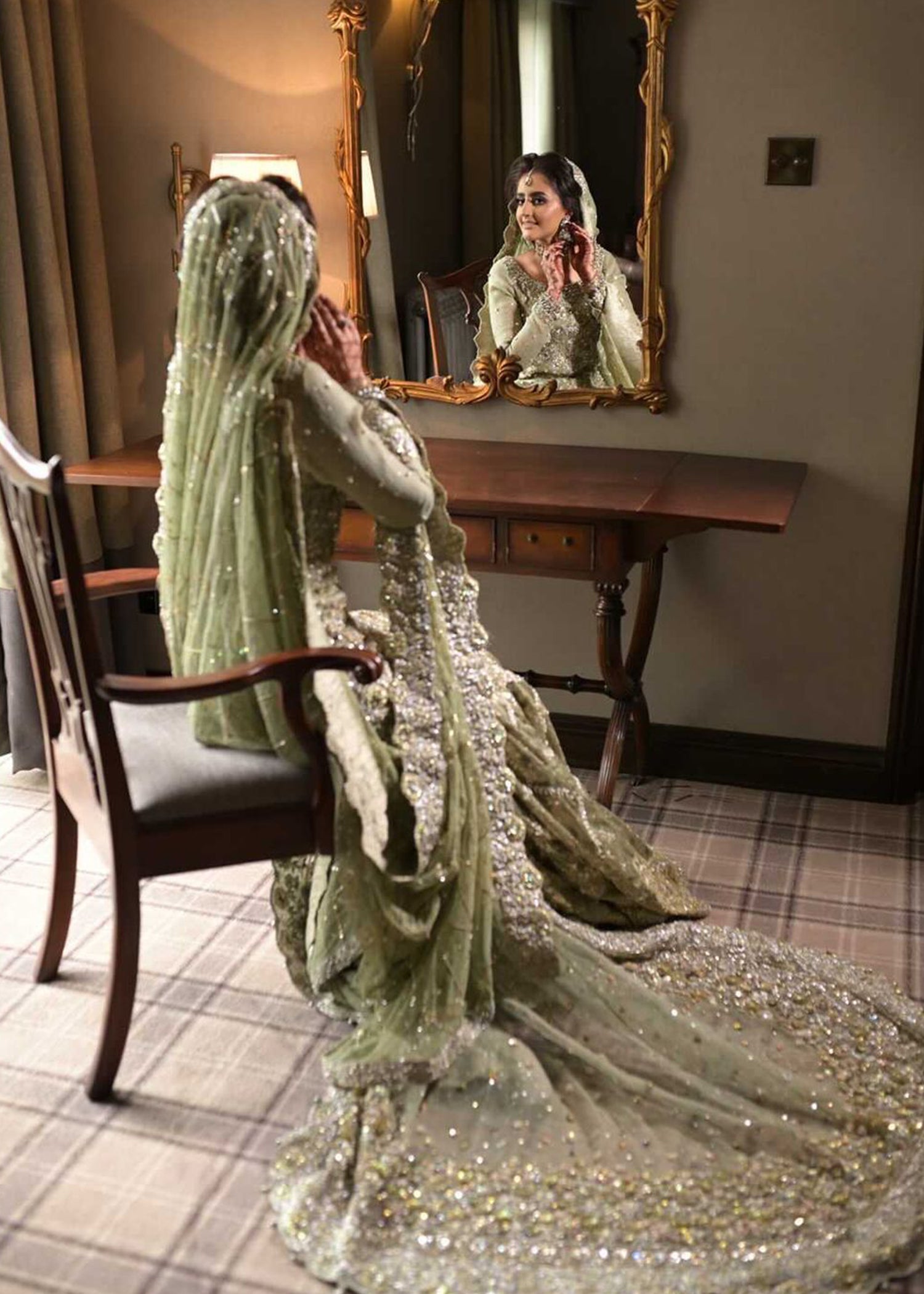 Sage Green Embellished Net Bridal Gown (2-Piece) - Image 2
