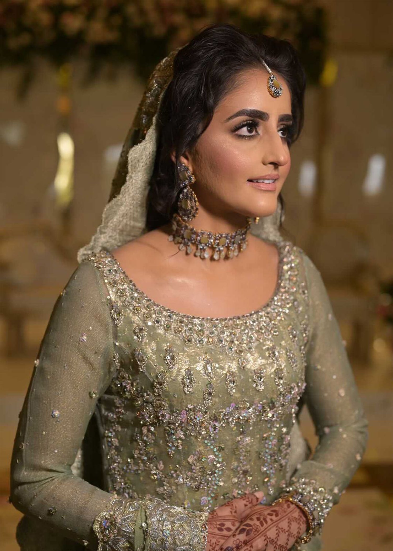 Sage Green Embellished Net Bridal Gown (2-Piece) - Image 3