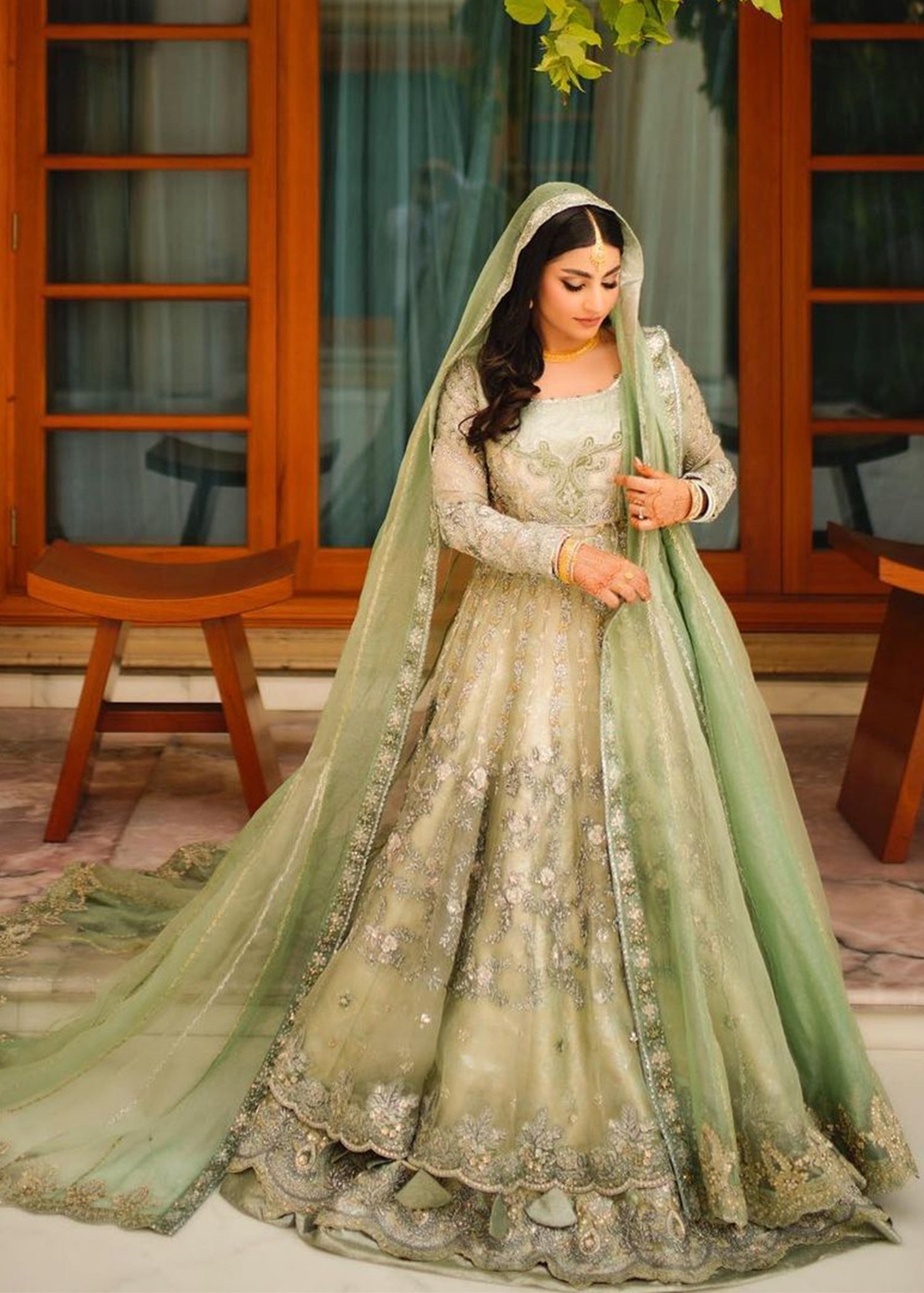 Sage Green Embellished Net Silk Bridal Gown (2-Piece) - Image 1