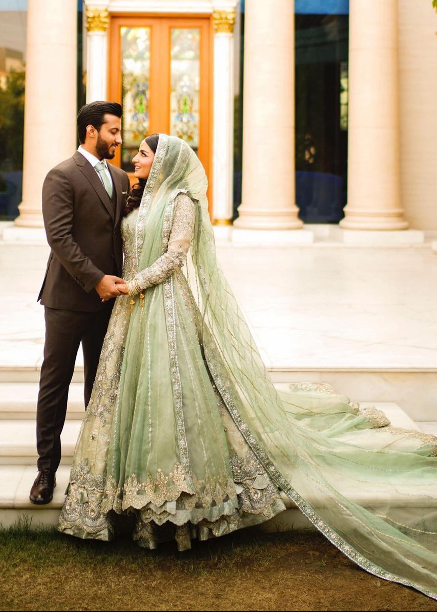 Sage Green Embellished Net Silk Bridal Gown (2-Piece) - Image 2