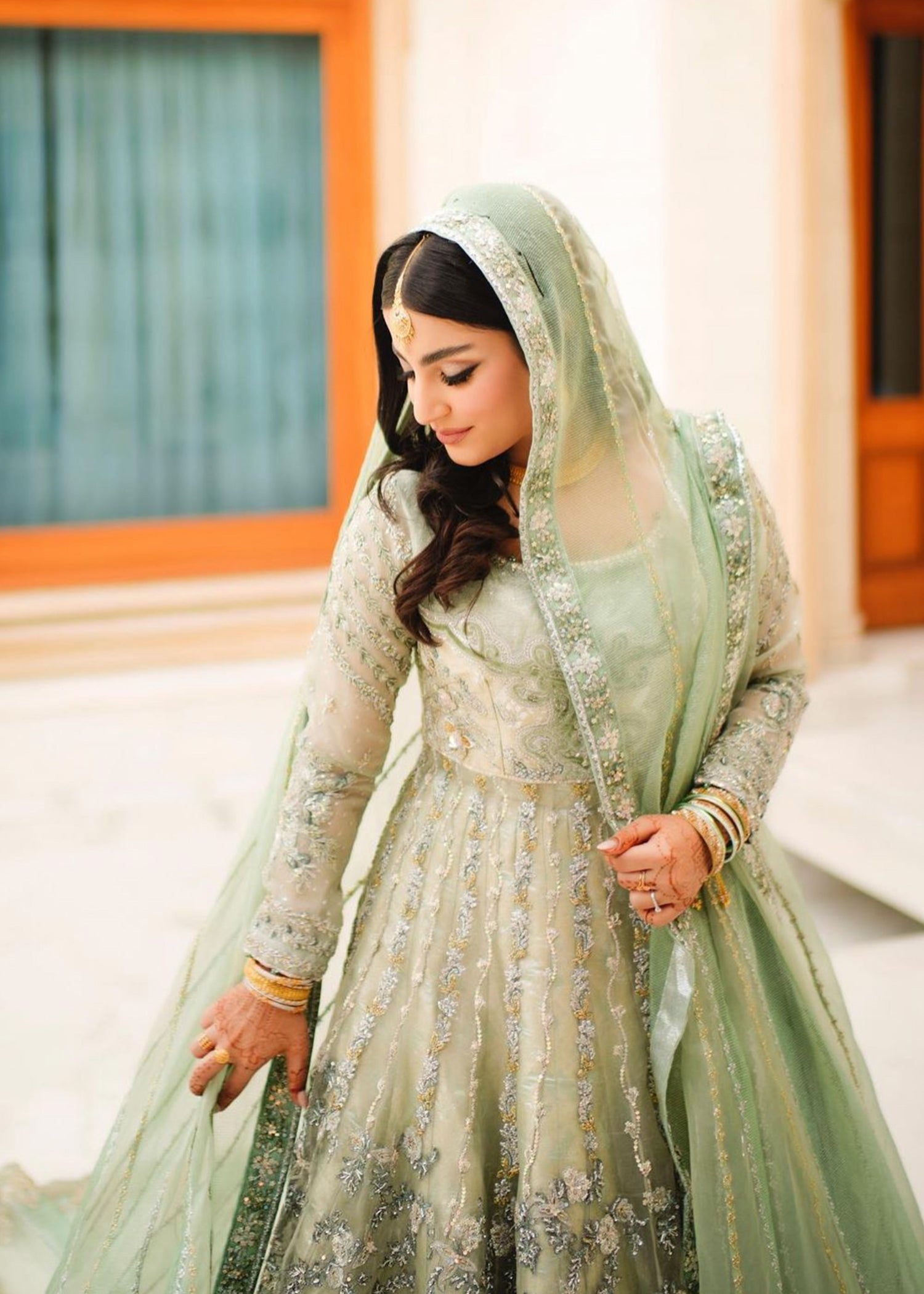 Sage Green Embellished Net Silk Bridal Gown (2-Piece) - Image 3