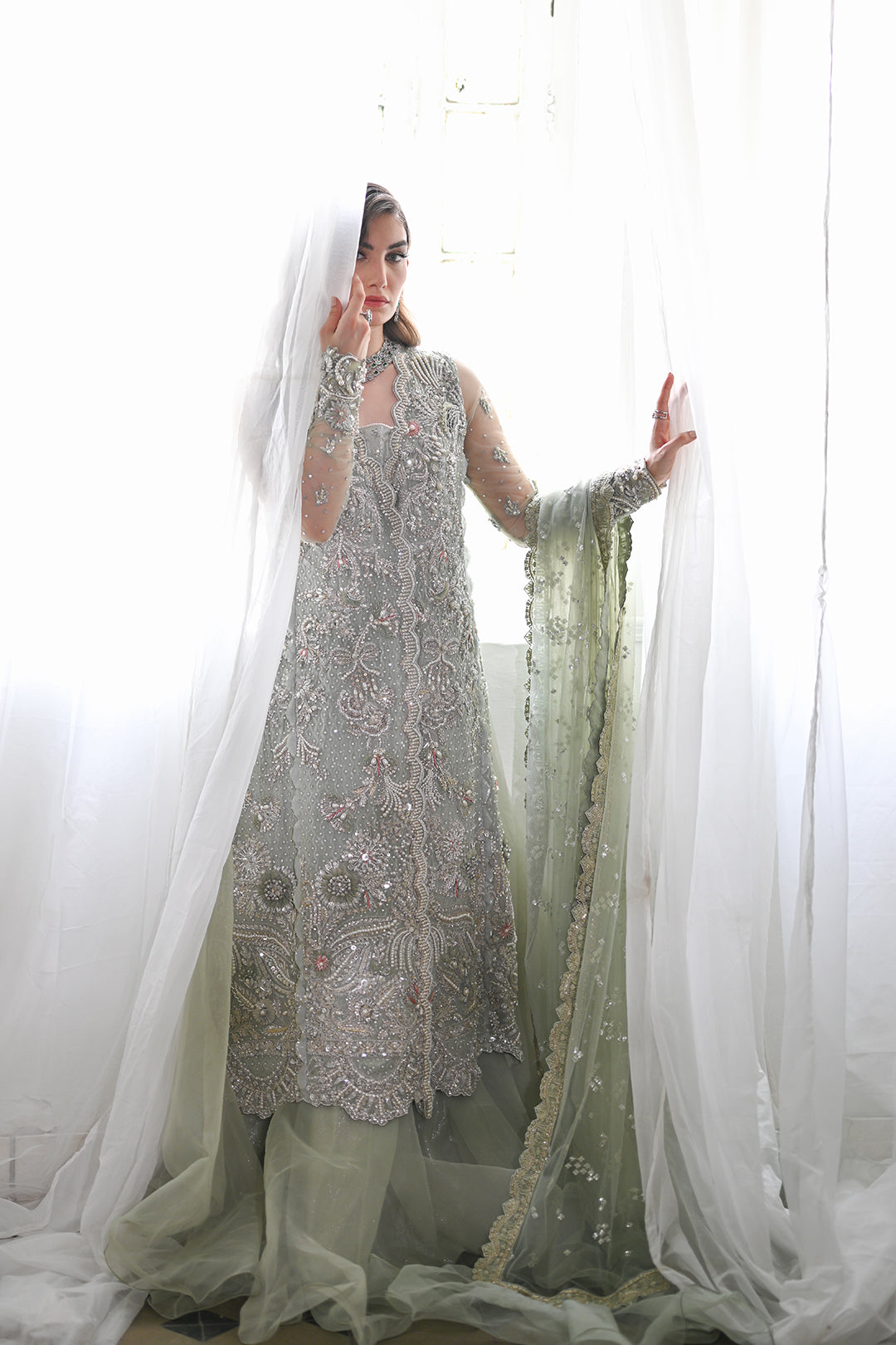 Pakistani Mint Green Embellished Net Bridal Gown (2-Piece) - Image 1