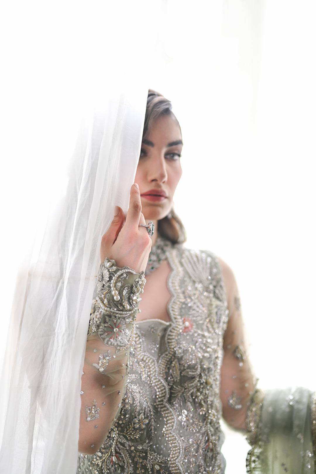 Pakistani Mint Green Embellished Net Bridal Gown (2-Piece) - Image 2