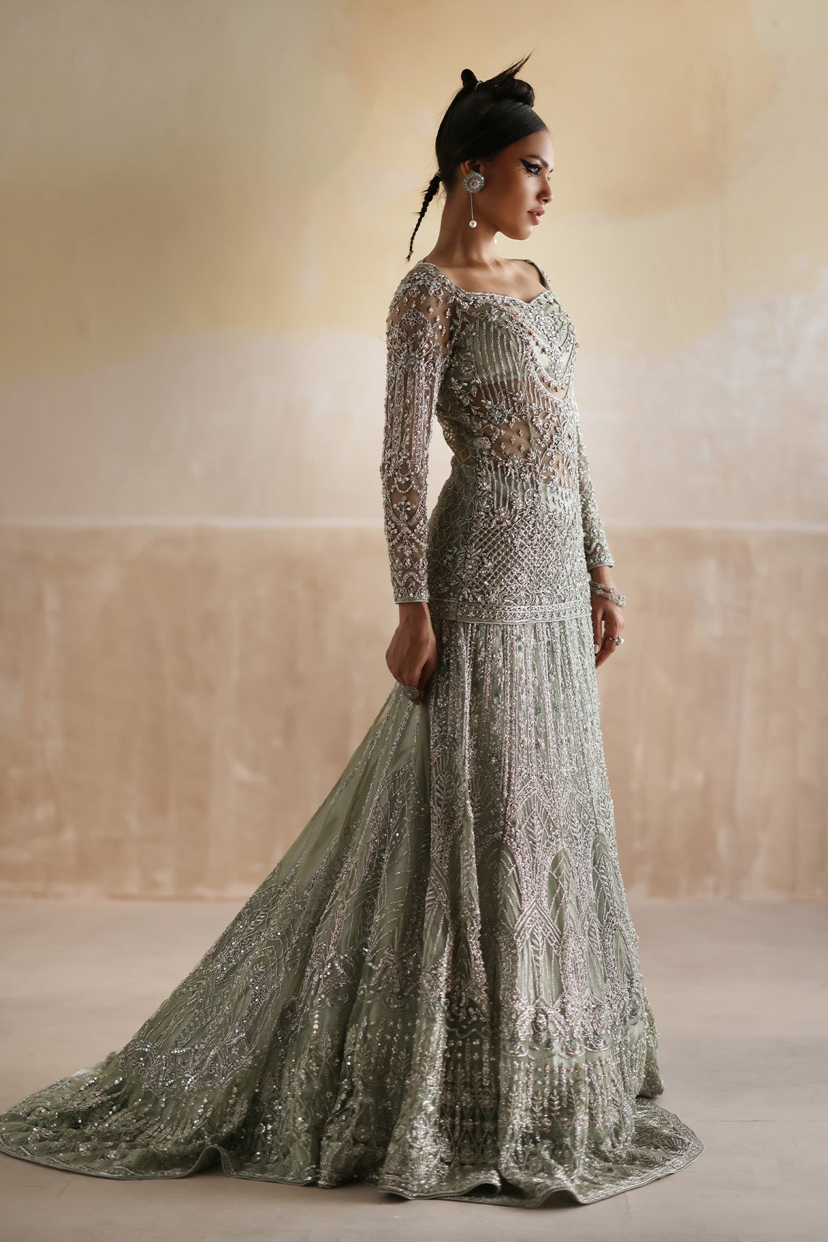 Pakistani Laurel Green Hand-Embellished Net Mermaid Gown (2-Piece) - Image 1