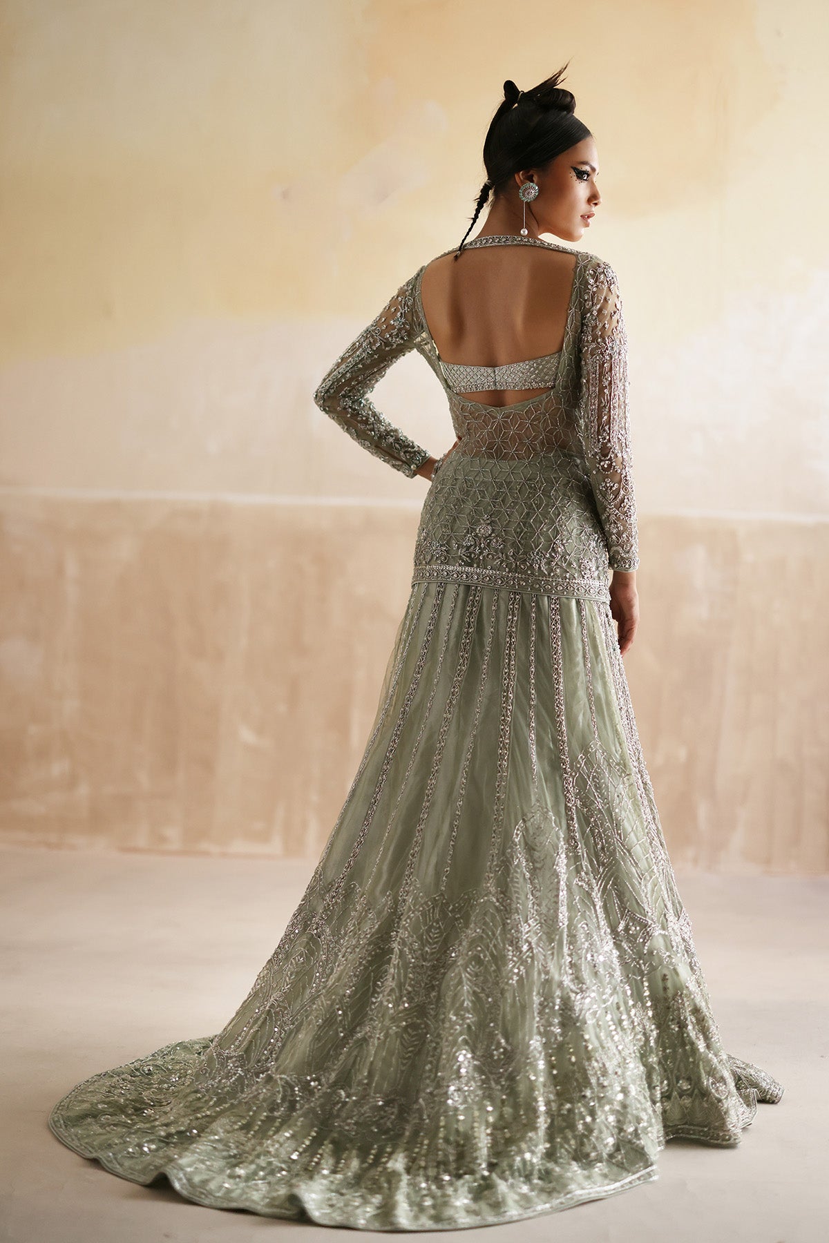 Pakistani Laurel Green Hand-Embellished Net Mermaid Gown (2-Piece) - Image 2