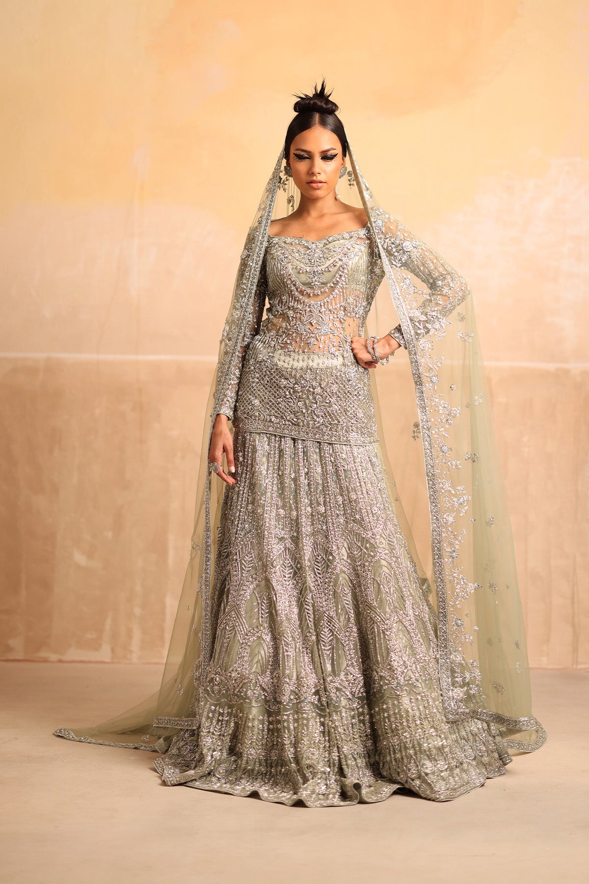 Pakistani Laurel Green Hand-Embellished Net Mermaid Gown (2-Piece) - Image 3