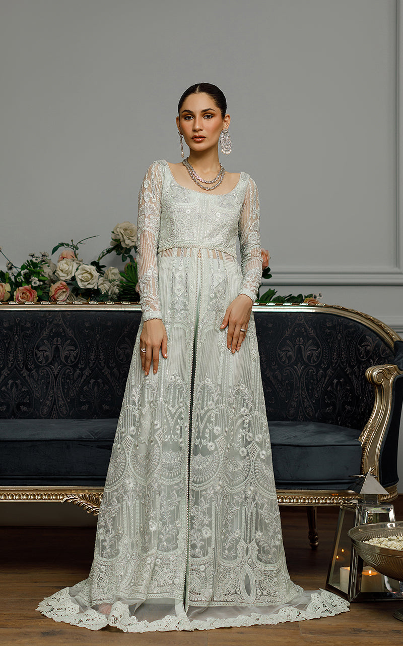 Light Green Embroidered Net Front-Open Gown (2-Piece) - Image 1