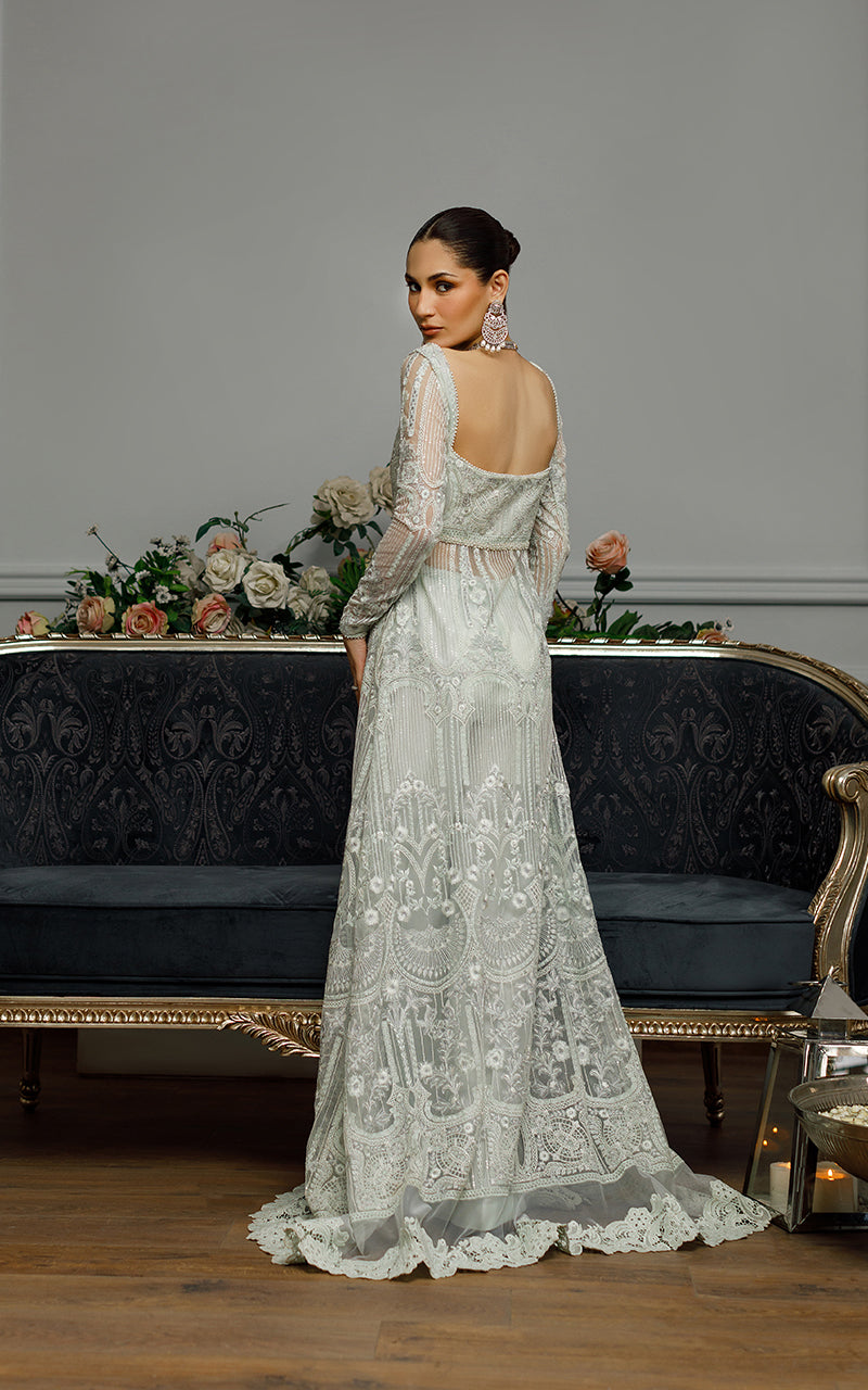 Light Green Embroidered Net Front-Open Gown (2-Piece) - Image 2