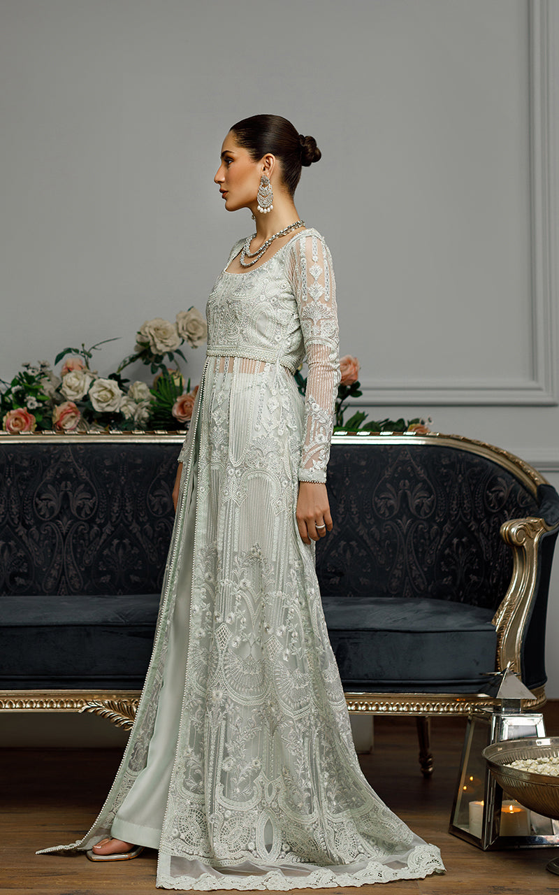 Light Green Embroidered Net Front-Open Gown (2-Piece) - Image 3