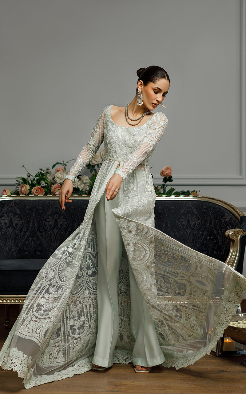 Light Green Embroidered Net Front-Open Gown (2-Piece) - Image 4