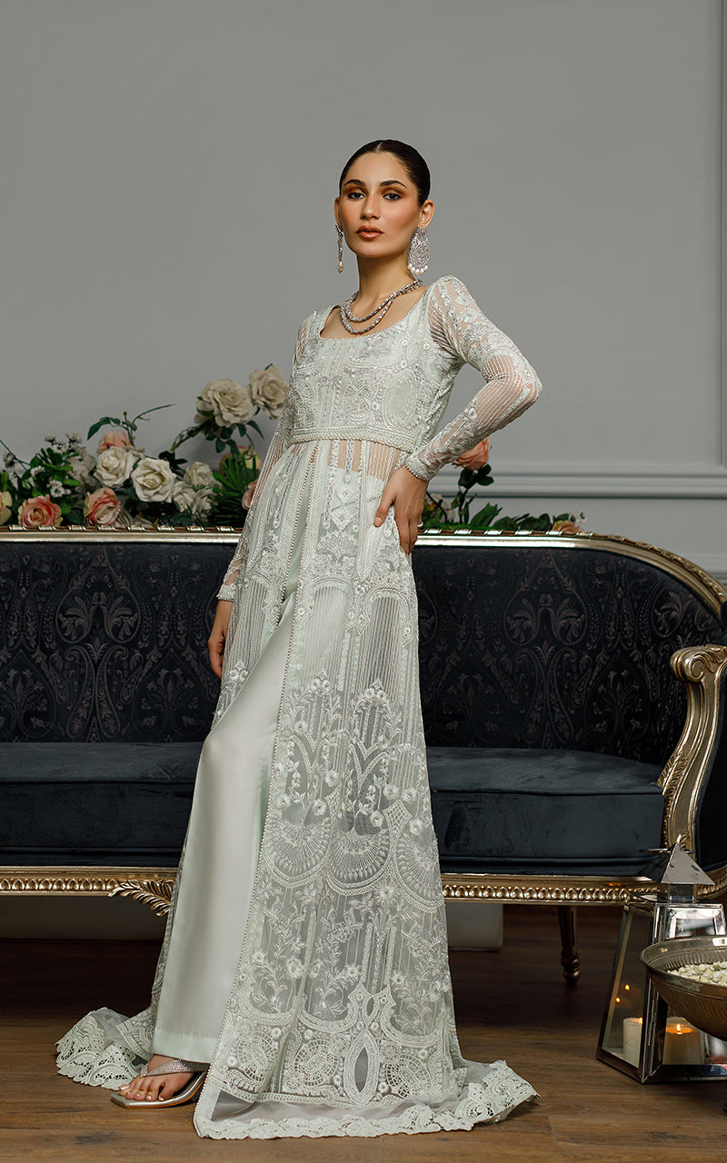 Light Green Embroidered Net Front-Open Gown (2-Piece) - Image 5