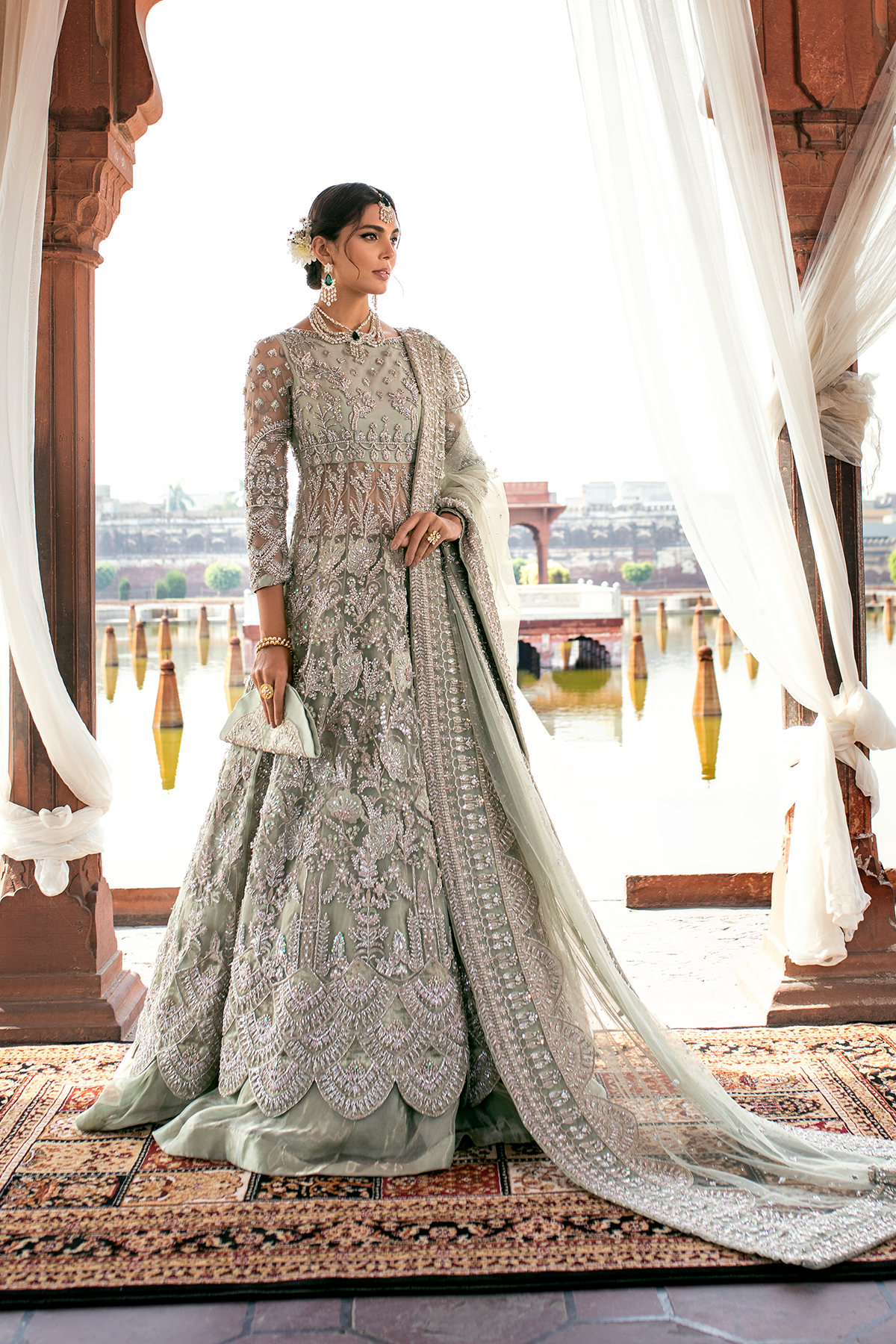 Pakistani Mint Green Embroidered Net Gown (3-Piece) - Image 3
