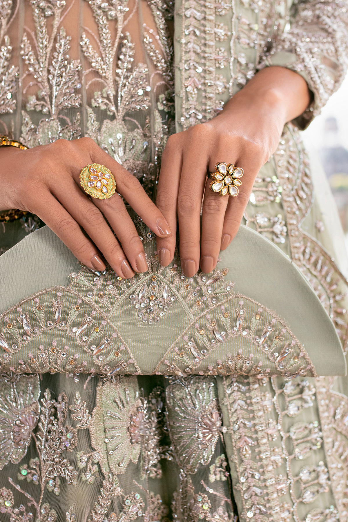 Pakistani Mint Green Embroidered Net Gown (3-Piece) - Image 5