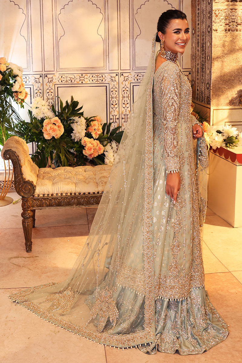 Pakistani Pistachio Zardozi Net Gown with Light Blue Lehnga (3-Piece) - Image 10